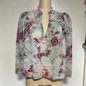 The Westside Cotton Ruffled V-Neck Tie-Dye Blouse in Mint & Plum
